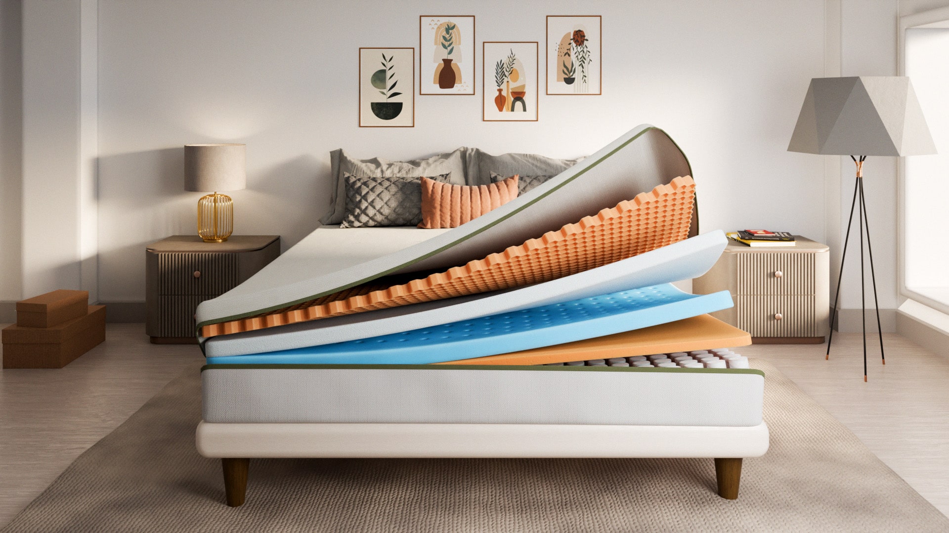 Mattress exploded view image in room interior